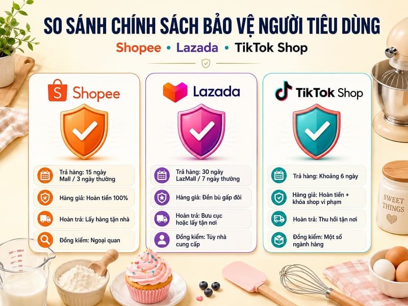 So sánh chính sách bảo vệ người tiêu dùng của ba sàn lớn