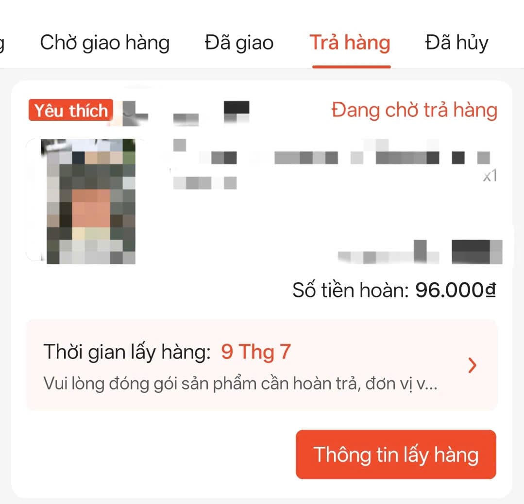 Giao diện mục Trả hàng Hoàn tiền trên ứng dụng Shopee